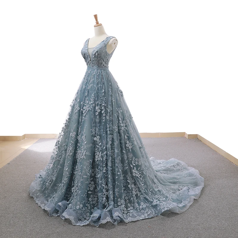 High-end Grey Sky Blue Evening Dresses 2023 A-Line Princess See-through Deep V-Neck High-end Grey Sky Blue Evening Dresses 2023 A-Line Princess See-through Deep V-Neck