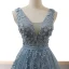 Haut de Gamme Gris Bleu Ciel Robe De Soirée 2023 Princesse Transparentes Col v profond Sans Manches Appliques En Dentelle Perlage Tribunal Train Volants Dos Nu