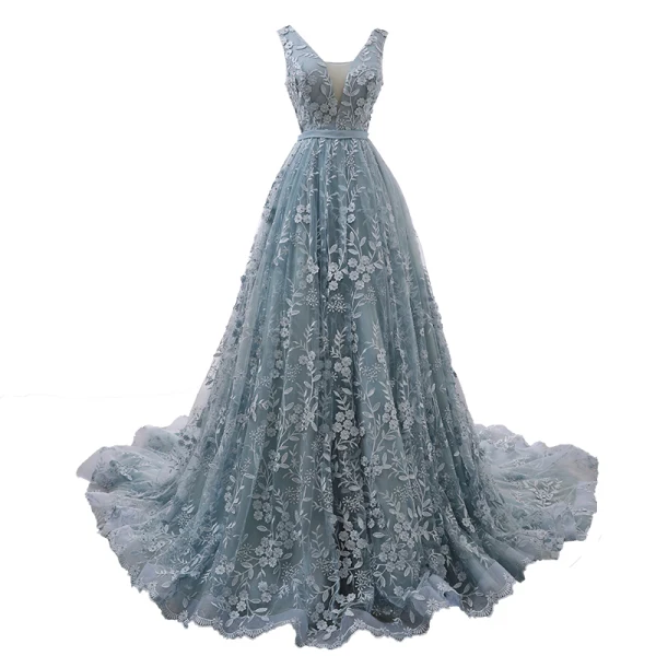 Haut de Gamme Gris Bleu Ciel Robe De Soirée 2023 Princesse Transparentes Col v profond Sans Manches Appliques En Dentelle Perlage Tribunal Train Volants Dos Nu