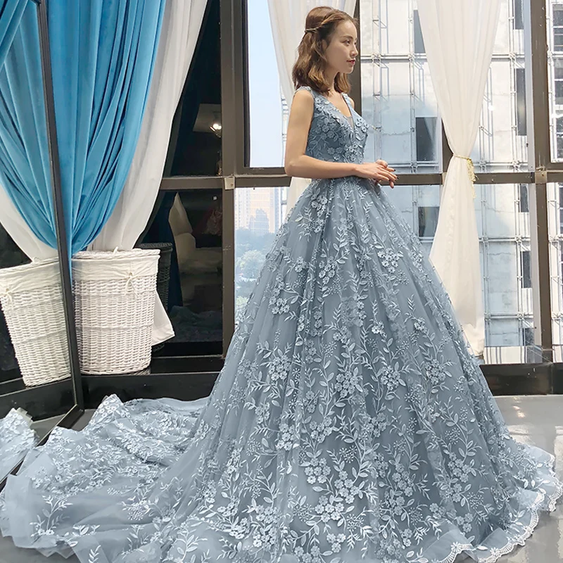 High-end Grey Sky Blue Evening Dresses 2023 A-Line Princess See-through Deep V-Neck