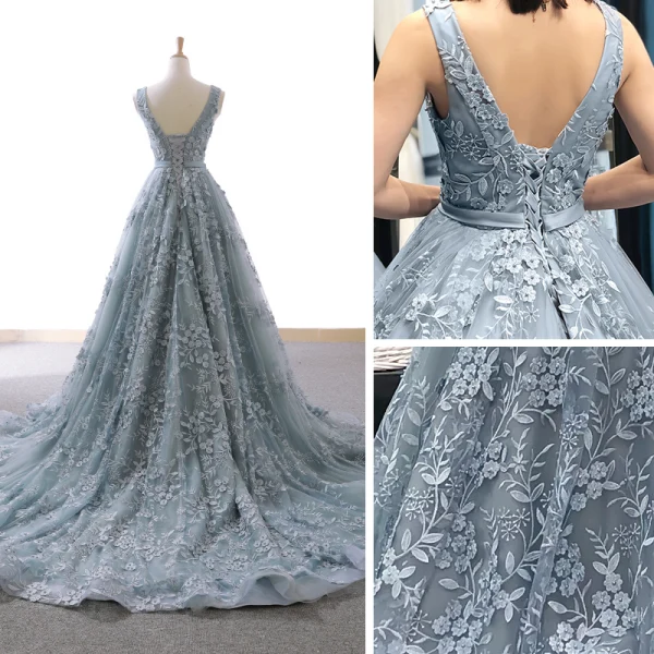 Haut de Gamme Gris Bleu Ciel Robe De Soirée 2023 Princesse Transparentes Col v profond Sans Manches Appliques En Dentelle Perlage Tribunal Train Volants Dos Nu