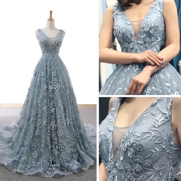 Haut de Gamme Gris Bleu Ciel Robe De Soirée 2023 Princesse Transparentes Col v profond Sans Manches Appliques En Dentelle Perlage Tribunal Train Volants Dos Nu