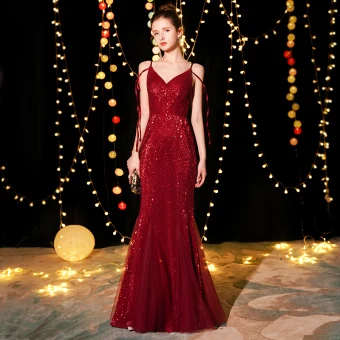 Bling Bling Bordeaux Robe De Soirée 2019 Trompette Sirène Bretelles Spaghetti Sans Manches Glitter Paillettes Longue Volants Dos Nu Robe De Ceremonie