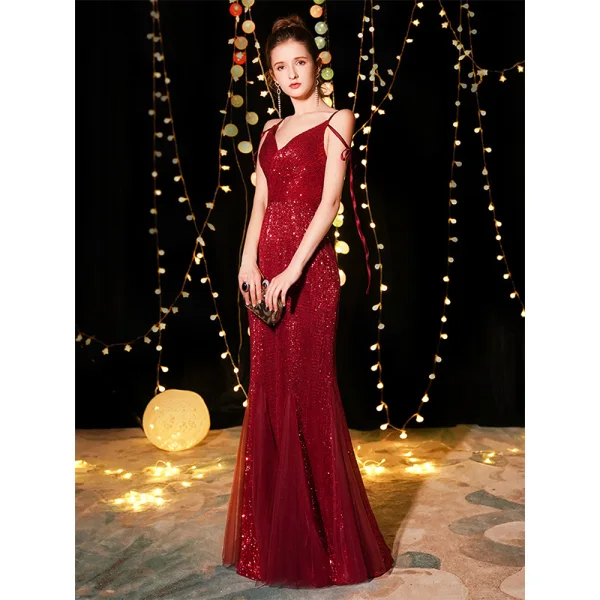 Bling Bling Bordeaux Robe De Soirée 2019 Trompette / Sirène Bretelles Spaghetti Sans Manches Glitter Paillettes Longue Volants Dos Nu Robe De Ceremonie
