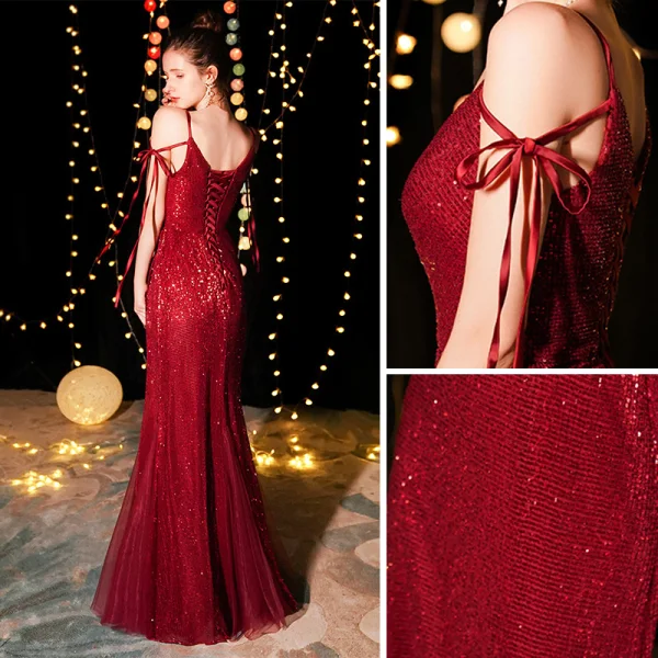 Bling Bling Bordeaux Robe De Soirée 2019 Trompette / Sirène Bretelles Spaghetti Sans Manches Glitter Paillettes Longue Volants Dos Nu Robe De Ceremonie