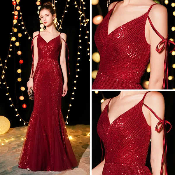 Bling Bling Bordeaux Robe De Soirée 2019 Trompette / Sirène Bretelles Spaghetti Sans Manches Glitter Paillettes Longue Volants Dos Nu Robe De Ceremonie