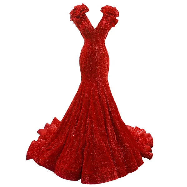 Scintillantes Grape Paillettes Tapis rouge Robe De Soirée 2023 Trompette / Sirène V-Cou Sans Manches Tribunal Train Volants Dos Nu Robe De Ceremonie