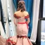 Luxury / Gorgeous Pearl Pink Lace Evening Dresses  2023 Trumpet / Mermaid Off-The-Shoulder Short Sleeve Appliques Embroidered Flower Sash Court Train Ruffle Backless Formal Dresses