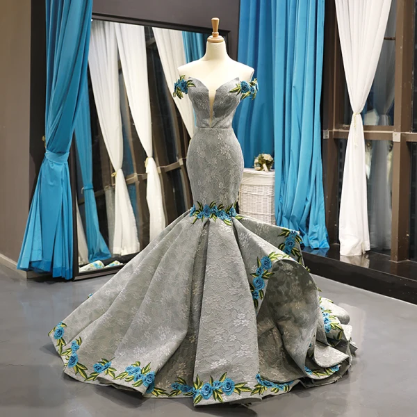 Luxury / Gorgeous Pearl Pink Lace Evening Dresses  2023 Trumpet / Mermaid Off-The-Shoulder Short Sleeve Appliques Embroidered Flower Sash Court Train Ruffle Backless Formal Dresses