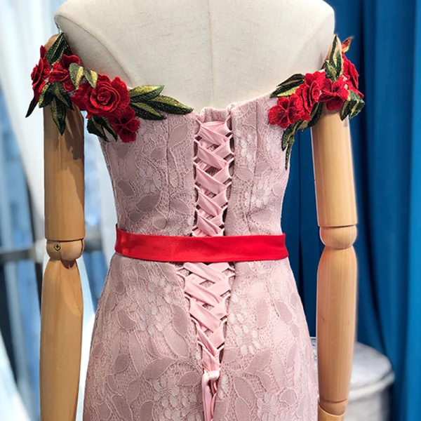 Luxury / Gorgeous Pearl Pink Lace Evening Dresses  2023 Trumpet / Mermaid Off-The-Shoulder Short Sleeve Appliques Embroidered Flower Sash Court Train Ruffle Backless Formal Dresses