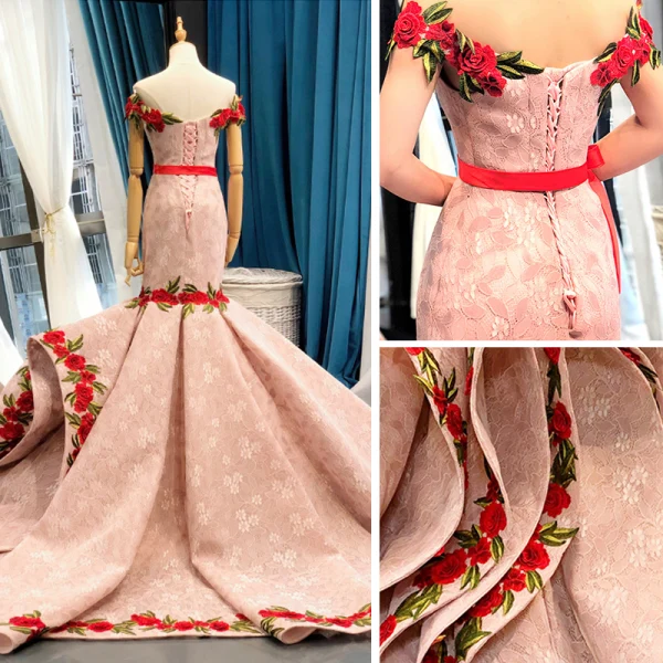 Luxury / Gorgeous Pearl Pink Lace Evening Dresses  2023 Trumpet / Mermaid Off-The-Shoulder Short Sleeve Appliques Embroidered Flower Sash Court Train Ruffle Backless Formal Dresses