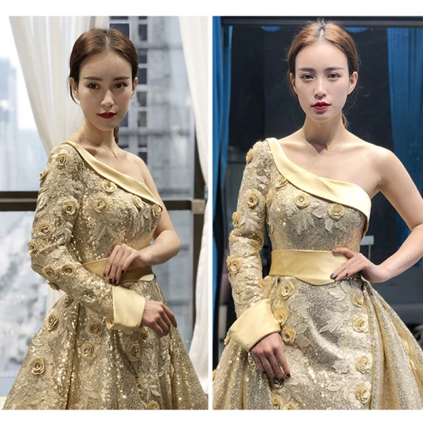Glitzernden Gold Pailletten Roter Teppich Abendkleider 2023 A Linie One-Shoulder Lange Ärmel Stoffgürtel Applikationen Blumen Perlenstickerei Kapelle-Schleppe Rüschen Rückenfreies
