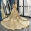 Glitzernden Gold Pailletten Roter Teppich Abendkleider 2023 A Linie One-Shoulder Lange Ärmel Stoffgürtel Applikationen Blumen Perlenstickerei Kapelle-Schleppe Rüschen Rückenfreies