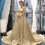 Glitzernden Gold Pailletten Roter Teppich Abendkleider 2023 A Linie One-Shoulder Lange Ärmel Stoffgürtel Applikationen Blumen Perlenstickerei Kapelle-Schleppe Rüschen Rückenfreies