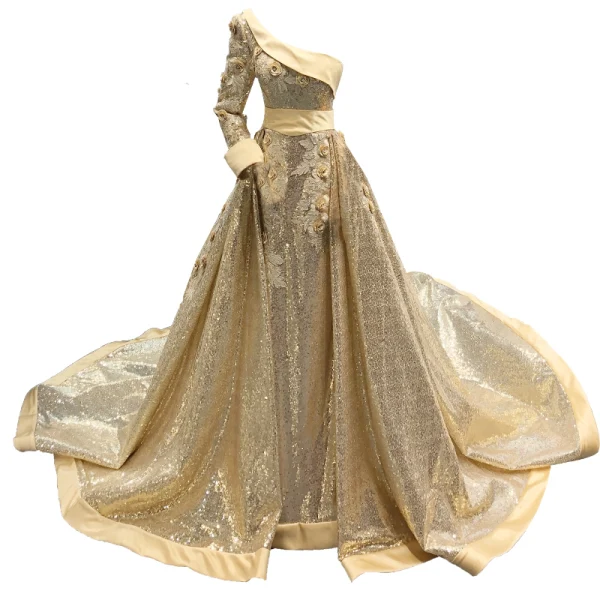 Glitzernden Gold Pailletten Roter Teppich Abendkleider 2023 A Linie One-Shoulder Lange Ärmel Stoffgürtel Applikationen Blumen Perlenstickerei Kapelle-Schleppe Rüschen Rückenfreies