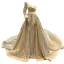 Glitzernden Gold Pailletten Roter Teppich Abendkleider 2023 A Linie One-Shoulder Lange Ärmel Stoffgürtel Applikationen Blumen Perlenstickerei Kapelle-Schleppe Rüschen Rückenfreies
