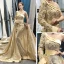 Glitzernden Gold Pailletten Roter Teppich Abendkleider 2023 A Linie One-Shoulder Lange Ärmel Stoffgürtel Applikationen Blumen Perlenstickerei Kapelle-Schleppe Rüschen Rückenfreies