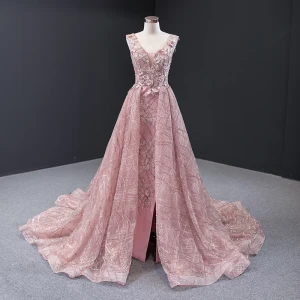 Luxury Gorgeous Pearl Pink Red Carpet Evening Dresses 2023 A Line Princess See Through Deep V Neck Sleeveless Appliques Flower Beading Split Front Chapel Train Ruffle Backless