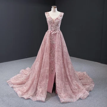 Luxe Perle Rose Tapis Rouge Robe De Soirée 2023 Princesse Transparentes Col V Profond Sans Manches Appliques Fleur Perlage Fendue Devant Chapel Train Volants Dos Nu