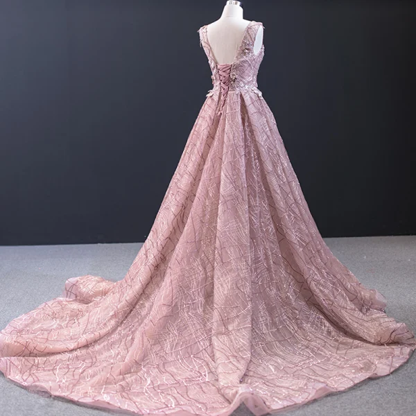 Luxus / Herrlich Pearl Rosa Roter Teppich Abendkleider 2023 A Linie Durchsichtige Tiefer V-Ausschnitt Ärmellos Applikationen Blumen Perlenstickerei Gespaltete Front Kapelle-Schleppe Rüschen Rückenfreies
