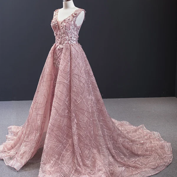 Luxus / Herrlich Pearl Rosa Roter Teppich Abendkleider 2023 A Linie Durchsichtige Tiefer V-Ausschnitt Ärmellos Applikationen Blumen Perlenstickerei Gespaltete Front Kapelle-Schleppe Rüschen Rückenfreies