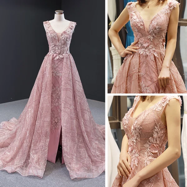 Luxus / Herrlich Pearl Rosa Roter Teppich Abendkleider 2023 A Linie Durchsichtige Tiefer V-Ausschnitt Ärmellos Applikationen Blumen Perlenstickerei Gespaltete Front Kapelle-Schleppe Rüschen Rückenfreies
