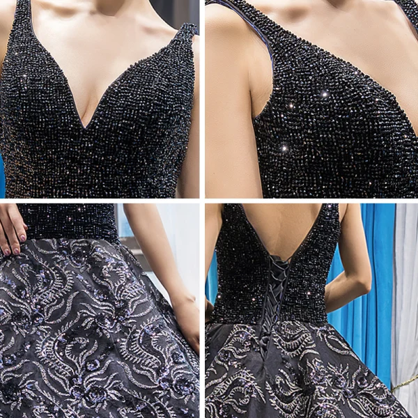 Luxury / Gorgeous Handmade  Beading Black Prom Dresses 2023 Ball Gown Deep V-Neck Sleeveless Appliques Lace Chapel Train Backless Ruffle Formal Dresses