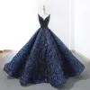 Luxury / Gorgeous Handmade  Beading Black Prom Dresses 2023 Ball Gown Deep V-Neck Sleeveless Appliques Lace Chapel Train Backless Ruffle Formal Dresses