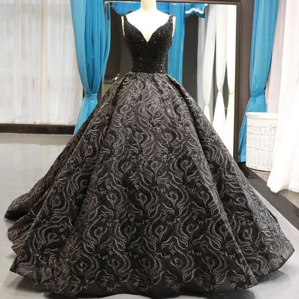 Luxury / Gorgeous Handmade  Beading Black Prom Dresses 2023 Ball Gown Deep V-Neck Sleeveless Appliques Lace Chapel Train Backless Ruffle Formal Dresses