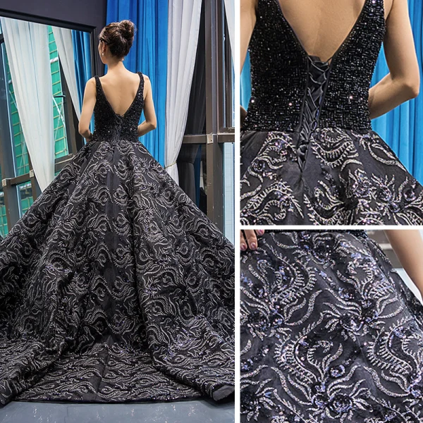 Luxury / Gorgeous Handmade  Beading Black Prom Dresses 2023 Ball Gown Deep V-Neck Sleeveless Appliques Lace Chapel Train Backless Ruffle Formal Dresses