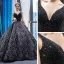 Luxury / Gorgeous Handmade  Beading Black Prom Dresses 2023 Ball Gown Deep V-Neck Sleeveless Appliques Lace Chapel Train Backless Ruffle Formal Dresses