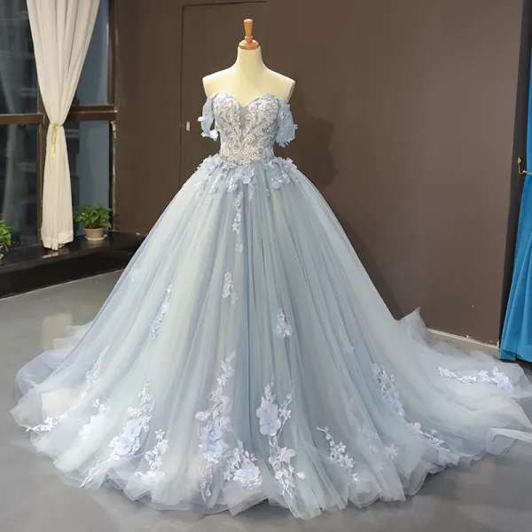 Flower Fairy Sky Blue Evening Dresses  2023 Ball Gown Off-The-Shoulder Short Sleeve Appliques Lace Flower Beading Chapel Train Ruffle Backless Formal Dresses