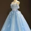 Flower Fairy Sky Blue Evening Dresses  2023 Ball Gown Off-The-Shoulder Short Sleeve Appliques Lace Flower Beading Chapel Train Ruffle Backless Formal Dresses