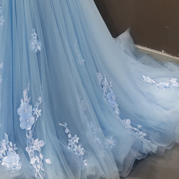 Flower Fairy Sky Blue Evening Dresses  2023 Ball Gown Off-The-Shoulder Short Sleeve Appliques Lace Flower Beading Chapel Train Ruffle Backless Formal Dresses