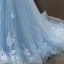 Flower Fairy Sky Blue Evening Dresses  2023 Ball Gown Off-The-Shoulder Short Sleeve Appliques Lace Flower Beading Chapel Train Ruffle Backless Formal Dresses