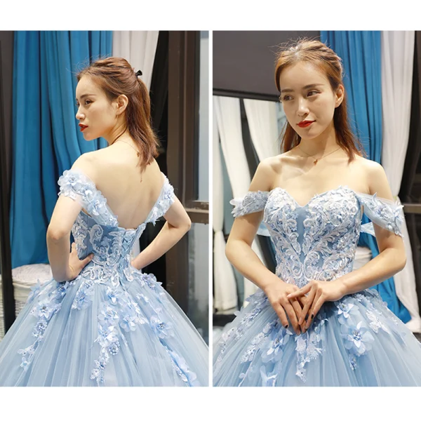 Flower Fairy Sky Blue Evening Dresses  2023 Ball Gown Off-The-Shoulder Short Sleeve Appliques Lace Flower Beading Chapel Train Ruffle Backless Formal Dresses