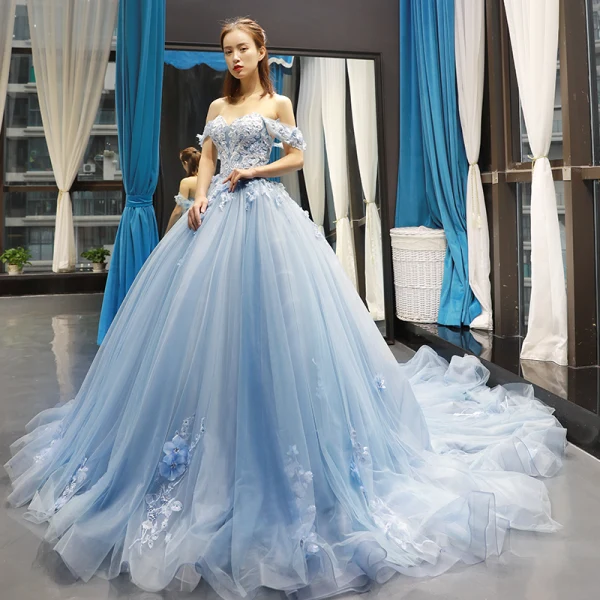 Flower Fairy Sky Blue Evening Dresses  2023 Ball Gown Off-The-Shoulder Short Sleeve Appliques Lace Flower Beading Chapel Train Ruffle Backless Formal Dresses