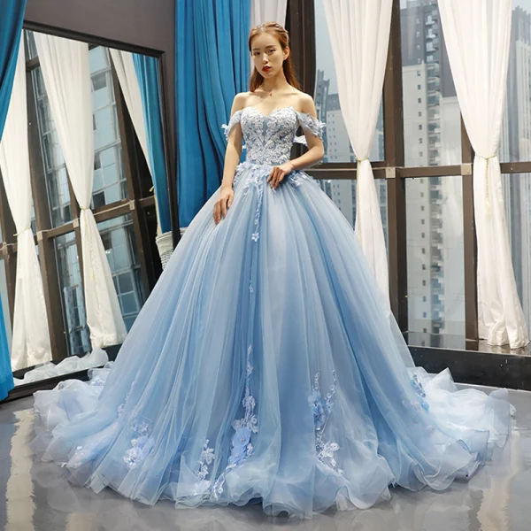 Flower Fairy Sky Blue Evening Dresses  2023 Ball Gown Off-The-Shoulder Short Sleeve Appliques Lace Flower Beading Chapel Train Ruffle Backless Formal Dresses