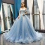 Flower Fairy Sky Blue Evening Dresses  2023 Ball Gown Off-The-Shoulder Short Sleeve Appliques Lace Flower Beading Chapel Train Ruffle Backless Formal Dresses