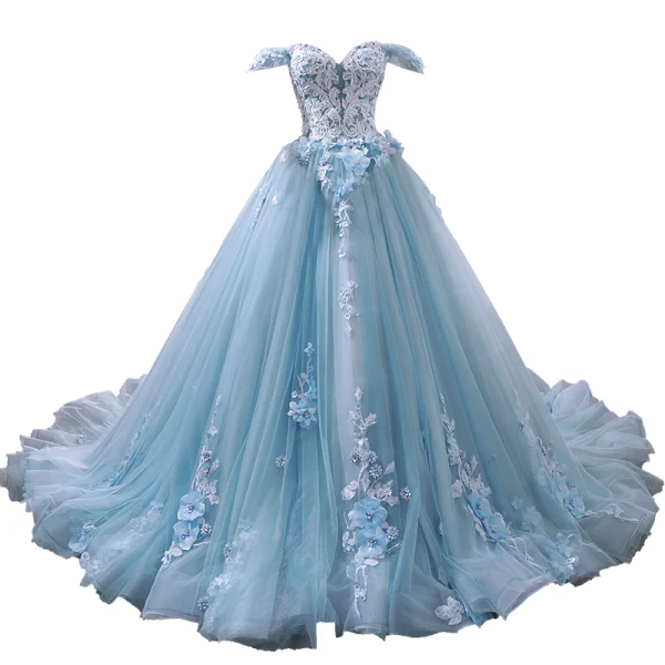 Flower Fairy Sky Blue Evening Dresses  2023 Ball Gown Off-The-Shoulder Short Sleeve Appliques Lace Flower Beading Chapel Train Ruffle Backless Formal Dresses