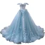 Flower Fairy Sky Blue Evening Dresses  2023 Ball Gown Off-The-Shoulder Short Sleeve Appliques Lace Flower Beading Chapel Train Ruffle Backless Formal Dresses