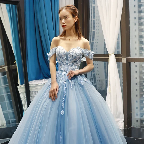 Flower Fairy Sky Blue Evening Dresses  2023 Ball Gown Off-The-Shoulder Short Sleeve Appliques Lace Flower Beading Chapel Train Ruffle Backless Formal Dresses