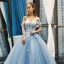 Flower Fairy Sky Blue Evening Dresses  2023 Ball Gown Off-The-Shoulder Short Sleeve Appliques Lace Flower Beading Chapel Train Ruffle Backless Formal Dresses