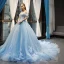 Flower Fairy Sky Blue Evening Dresses  2023 Ball Gown Off-The-Shoulder Short Sleeve Appliques Lace Flower Beading Chapel Train Ruffle Backless Formal Dresses