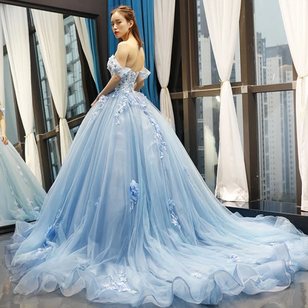 Flower Fairy Sky Blue Evening Dresses  2023 Ball Gown Off-The-Shoulder Short Sleeve Appliques Lace Flower Beading Chapel Train Ruffle Backless Formal Dresses