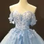 Flower Fairy Sky Blue Evening Dresses  2023 Ball Gown Off-The-Shoulder Short Sleeve Appliques Lace Flower Beading Chapel Train Ruffle Backless Formal Dresses
