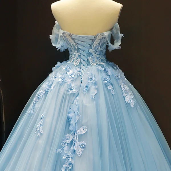Flower Fairy Sky Blue Evening Dresses  2023 Ball Gown Off-The-Shoulder Short Sleeve Appliques Lace Flower Beading Chapel Train Ruffle Backless Formal Dresses