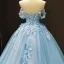 Flower Fairy Sky Blue Evening Dresses  2023 Ball Gown Off-The-Shoulder Short Sleeve Appliques Lace Flower Beading Chapel Train Ruffle Backless Formal Dresses