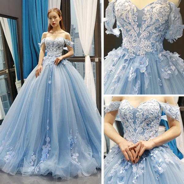 Flower Fairy Sky Blue Evening Dresses  2023 Ball Gown Off-The-Shoulder Short Sleeve Appliques Lace Flower Beading Chapel Train Ruffle Backless Formal Dresses