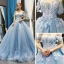 Flower Fairy Sky Blue Evening Dresses  2023 Ball Gown Off-The-Shoulder Short Sleeve Appliques Lace Flower Beading Chapel Train Ruffle Backless Formal Dresses